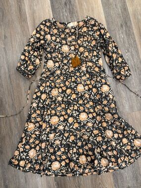 Mata Traders Black Dress with Orange and Cream Floral Print